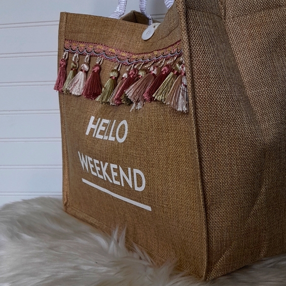 Hello Weekend Linen Look Tassled Canvas Tote Bag - Picture 6 of 12